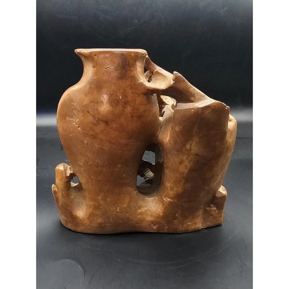 Vintage Chinese Soapstone Double Vase Hand Carved Floral Light Brown 6in SIGNED